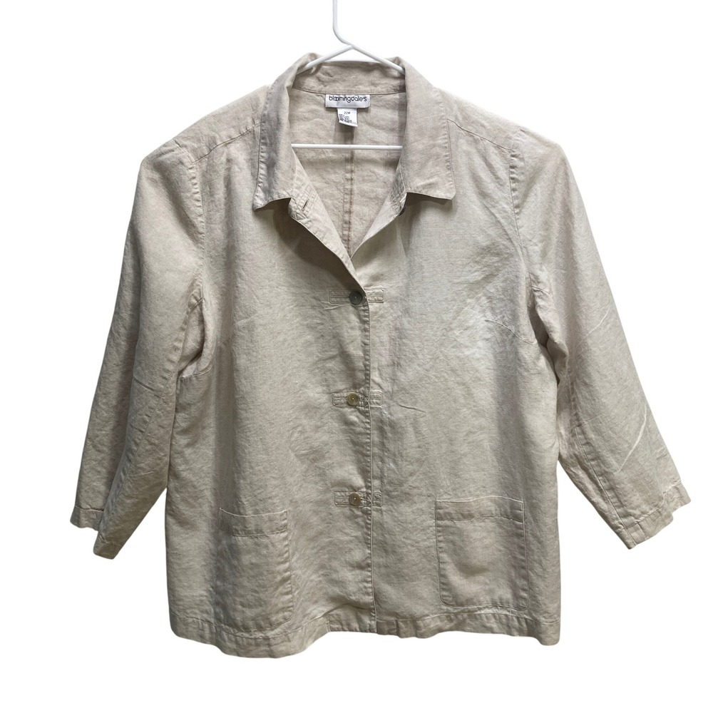 Bloomingdale's Women 22W Beige 100% Linen 3/4‎ Sleeve Button Blazer Jacket READ